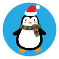 Cartoon penguin in a scarf and hat. A penguin in a red-green scarf and a Santa hat. Winter christmas illustration Royalty Free Stock Photo