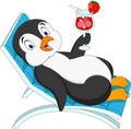 Cartoon penguin sitting on beach chair and holding cocktail