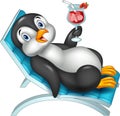 Cartoon penguin sitting on beach chair and holding cocktail