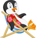 Cartoon penguin sitting on beach chair