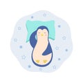 A cartoon penguin sleeps on a pillow. Funny cute sleeping penguin character for kids concept. Vector illustration