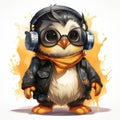 A cartoon penguin wearing headphones and a leather jacket