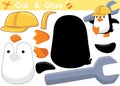 Cartoon of penguin wearing helmet while bearing big monkey wrench. Education paper game for children. Cutout and gluing Royalty Free Stock Photo