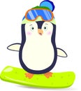 Cartoon penguin in a winter cap and glasses on a snowboard. Royalty Free Stock Photo