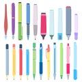 Cartoon pens and pencils. Writing pen, drawing pencil and highlighter marker vector illustration set Royalty Free Stock Photo