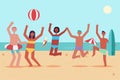 Cartoon people on the beach. Vector summer flat illustration of boys and girls in bikini Royalty Free Stock Photo