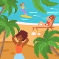 Cartoon people beach, weekend vector illustration. Woman surfing on ocean wave, resting girl fruit cocktail, lie on