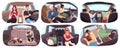 Cartoon people in cars. Drivers and passengers in vehicles, men, women and children, child safety seat, leather interior