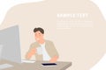 Cartoon people character design banner template handsome designer looking at computer monitor and drinking coffee Royalty Free Stock Photo