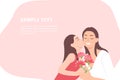 Cartoon people character design banner template happy mothers day child daughter kissing mom and giving her carnation flower as a Royalty Free Stock Photo