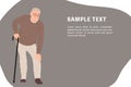 Cartoon people character design banner template senior man having a knee pain and standing with a walking cane Royalty Free Stock Photo