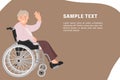 Cartoon people character design banner template senior woman in a wheelchair waving hand with a smiling face