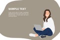 Cartoon people character design banner template young woman sitting on the floor and using laptop with crossed legs Royalty Free Stock Photo