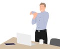 Cartoon people character design happy businessman exercising during break by the desk in the office