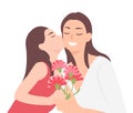 Cartoon people character design happy mothers day child daughter kissing mom and giving her carnation flower as a present Royalty Free Stock Photo