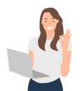 Cartoon people character design pretty young woman holding laptop and showing OK gesture with smiling face Royalty Free Stock Photo