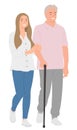 Cartoon people character design young daughter holding elderly father`s arm walking together happily