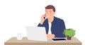 Cartoon people character design young man working on laptop and talking on the mobile phone while sitting by the desk in the Royalty Free Stock Photo