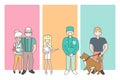 Cartoon people characters bring pets in veterinary clinic for vet examination. Vector illustration in linear style