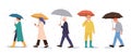 Cartoon people characters holding umbrella walking during autumn rainy day isolated set on white Royalty Free Stock Photo