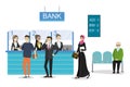 Cartoon people characters in queue in the bank.Male and female clients standing and talking to managers Royalty Free Stock Photo