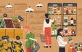 Cartoon people choosing and buying fresh products at grocery store vector flat illustration. Colorful man and woman Royalty Free Stock Photo