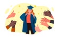 Cartoon people congratulate happy young girl with graduation of academy, university, college or school on praise