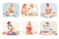 Cartoon people cooking. Men and women preparing food. Couple in kitchen. Person baking pastry. Lunch preparation. Dinner