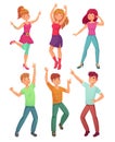 Cartoon people dance. Adult persons smiling and dancing at disco party. Funny partying person vector illustration set Royalty Free Stock Photo