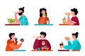 Cartoon people eating - set of men and women with fast food or healthy meal Royalty Free Stock Photo