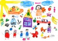 Cartoon people happy lifestyle collection, child drawing object on paper, hand drawn art picture