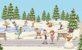 Cartoon people having fun in the park with snow.