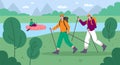 Cartoon people hike. Happy tourists engaged in Scandinavian walking. Outdoor sport activities. Girl in river boat Royalty Free Stock Photo