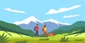 Cartoon people hike. Tourist couple and dog, summer mountains landscape, family with backpack traveling, nature trail Royalty Free Stock Photo