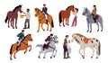 Cartoon people with horses. Jockeys in gear. Professional equestrian sports. Equine racing. Animal care. Hippodrome