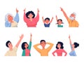 Cartoon people looking up. Funny characters gesturing, pointing with finger, persons watching in sky, kids showing with