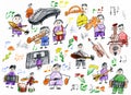 Cartoon people musician collection, orchestra object, children drawing on paper, hand drawn art picture