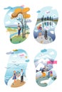 Cartoon people and natural landscapes scenes set