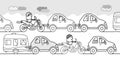 Cartoon people in a polluted traffic jam