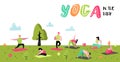 Cartoon People Practicing Yoga Poster, Banner. Man and Woman Stretching, Training. Fitness Workout, Healthy Lifestyle