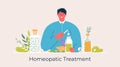 Cartoon people prepared organic natural homeopathic pills in glass jars. Homeopathy treatment banner, poster, herbal alternative