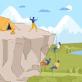 Cartoon People Rock Climbing on Mountain Peak