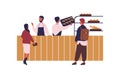 Cartoon people shopping at bakery buying fresh bread vector flat illustration. Colorful customers of baker house