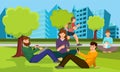 Cartoon People Sit in City Park with Mobile Phones