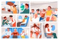 Cartoon people sitting in seats in cabin interior of airplane, looking out window or sleeping, flight attendant serving Royalty Free Stock Photo