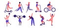 Cartoon people sport activities. Trendy flat characters running riding playing and doing workout