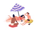 Cartoon people sunbathing on beach in bikini, beachwear. Friends rest near sea, relaxing in summer, lying under parasol Royalty Free Stock Photo