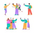 Cartoon people taking a selfie - isolated set of men in group hug, old and young couple Royalty Free Stock Photo