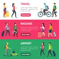 Cartoon People Traveling Banner Horizontal Set. Vector