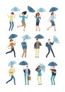 Cartoon people with umbrella in rainy day. Man and woman in raincoat under rain vector flat characters isolated Royalty Free Stock Photo